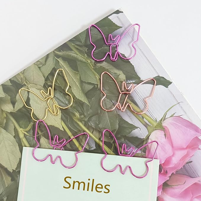 Cute Paper Clips, Butterfly Paperclips, Smooth Metal Paper Clips for File Organization or Decoration（20 Pcs/Box, Pink, Gold, Rose Gold