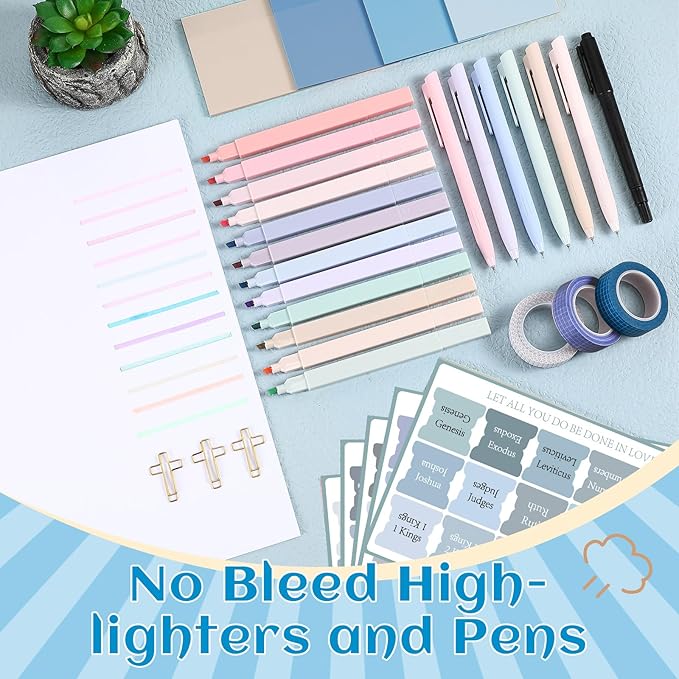 137 Pcs Bible Study Supplies Journaling Kit 1 Pencil Case 12 Highlighters 4 Sticky Notes 6 Gel Pens 35 Paper Clips 3 Tapes 1 Markers 75 Tabs for Christmas Bible School Gifts(Blue)