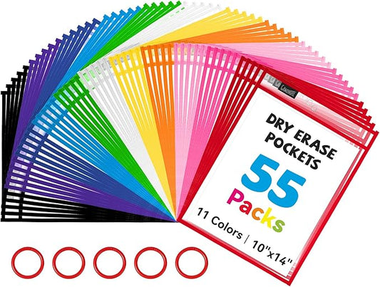 Gamenote 55 Pack Dry Erase Pockets with 5 Rings, 11 Assorted Colors 10x14 Oversized Reusable Plastic Sleeves, Clear Sheet Protectors, Teacher Supplies for Classroom Organization