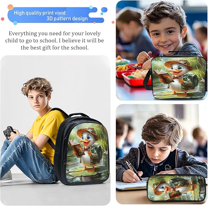 Funny Duck Backpack Set 3 Piece School Bags and Lunch Box with Pencil Case Cute Duck Reading Bookbag Set for Toddler Kids Girls Boys Teens Kindergarten Elementary Middle