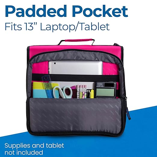 Case-it Universal Zipper Binder | 2-Inch O-Rings, 13-Inch Laptop/Tablet Padded Pocket, 400 Sheet Capacity, Multiple Storage Pockets & Shoulder Strap | School & Office Organizer | LT-007 Magenta