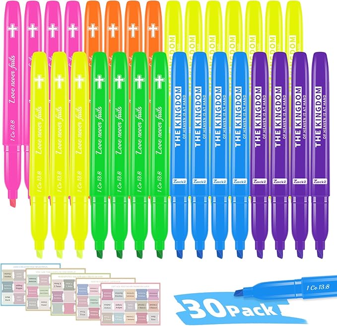 7-ackz Bible Highlighters Assorted Colors with Verses, 75 Tabs, Chisel Tip, Bulk Fluorescent, Dry Quick Bright Colors, Perfect for Bible Study Journaling, 6 Candy Color 30 Pack