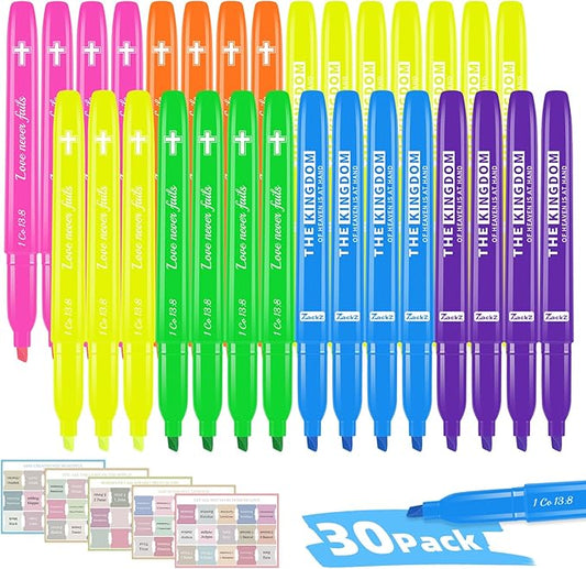 7-ackz Bible Highlighters Assorted Colors with Verses, 75 Tabs, Chisel Tip, Bulk Fluorescent, Dry Quick Bright Colors, Perfect for Bible Study Journaling, 6 Candy Color 30 Pack