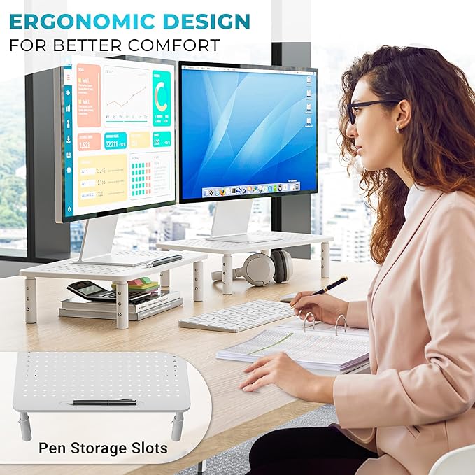 BONTEC Monitor Stand 2 Pack Height Adjustable Metal Riser with Pen Holder, White, 14.5” x 9.1”, Ergonomic Desktop Stand for Computer, Printer, Laptop, Adjustable Desk Riser with Cable Management