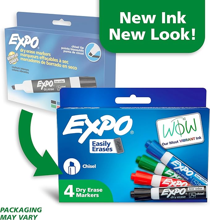 EXPO Dry Erase Markers, Low Odor Ink, Assorted Colors, Chisel Tip, Easily Erases, Vibrant Ink, Ideal for Classroom, Back to School Supplies, Teachers, Office, Whiteboard & Home, 48 Count (12 packs of 4)
