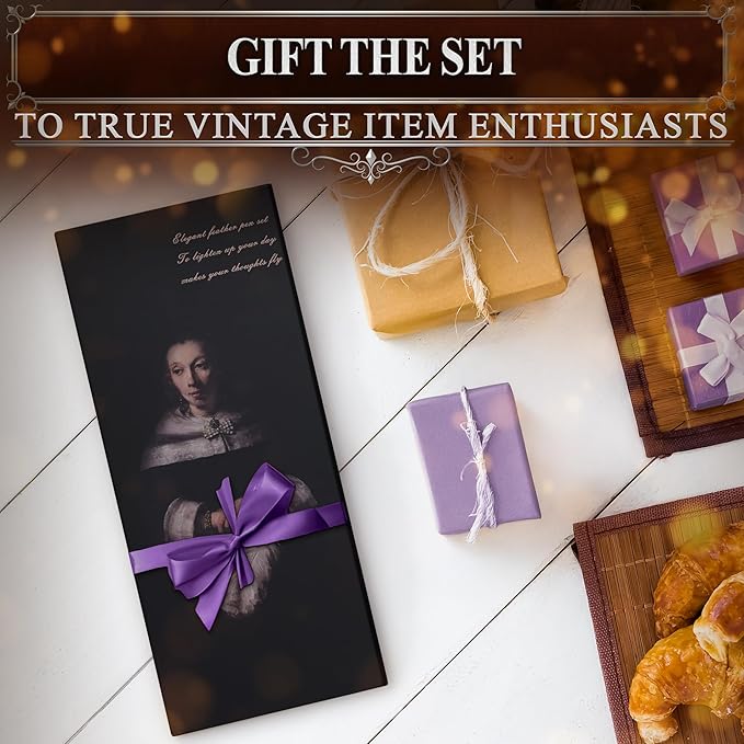 Victorian Writing Quill and Ink Set – Stainless Steel Dip Pen Feather Quill Pen and Ink Set with 5 Nib Refills, Secure Textured Grip, Gift-Ready Box with Display Stand – Calligraphy Gift Set (Purple)