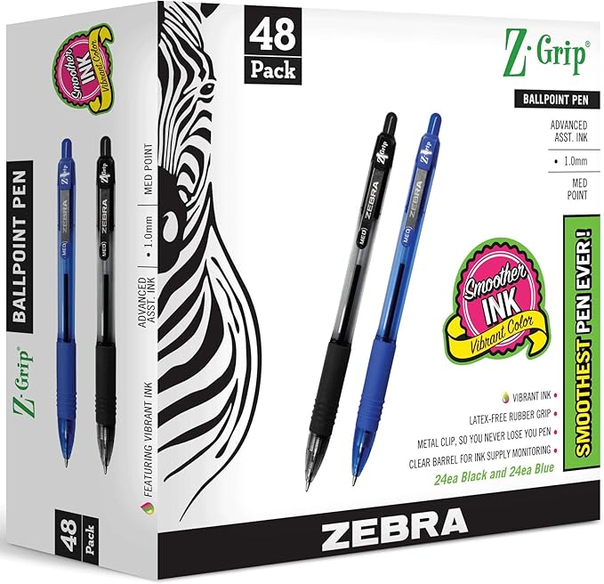 Zebra Pen Z-Grip Retractable Ballpoint Pens, Medium Point 1.0 mm, 24 Black Pens & 24 Blue Pens Combo Bulk Pack - 48 Pack