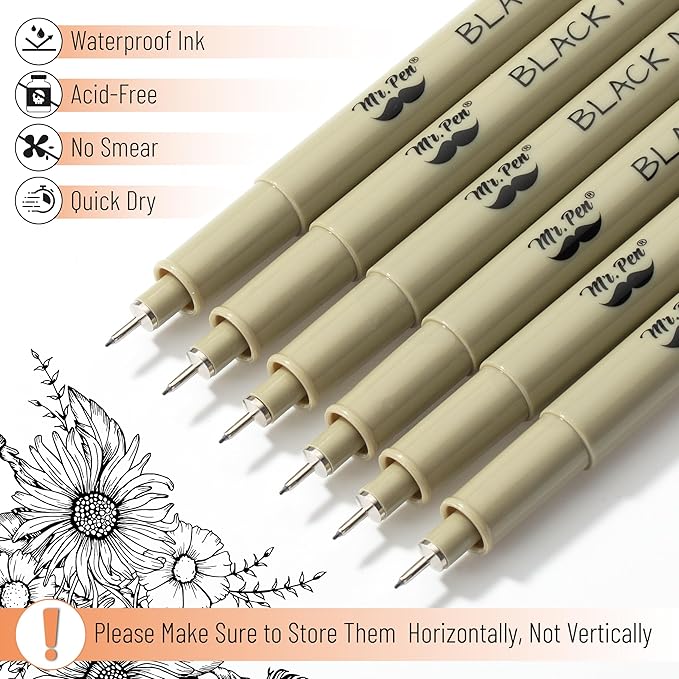 Mr. Pen 0.25mm 6 Pack Black Micro Fine Point Pens for Drawing and Sketching