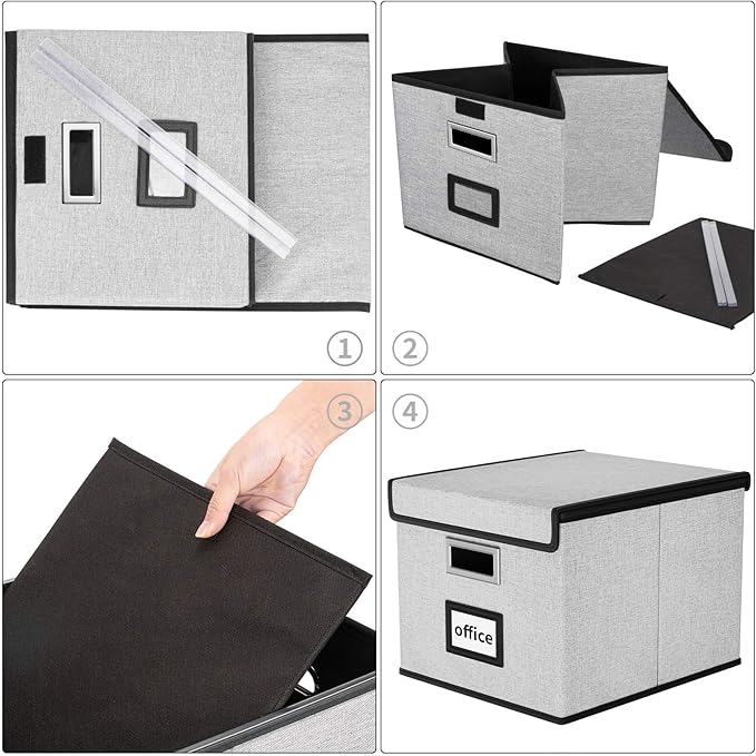 Huolewa Portable File Organizer Boxes Set of 4, Large Linen Hanging Office Document Storage Boxes with Lids, Collapsible Filing & Storage Boxes for Office/Decor/Home - 14.9 x 12.7 x 10.8 inch