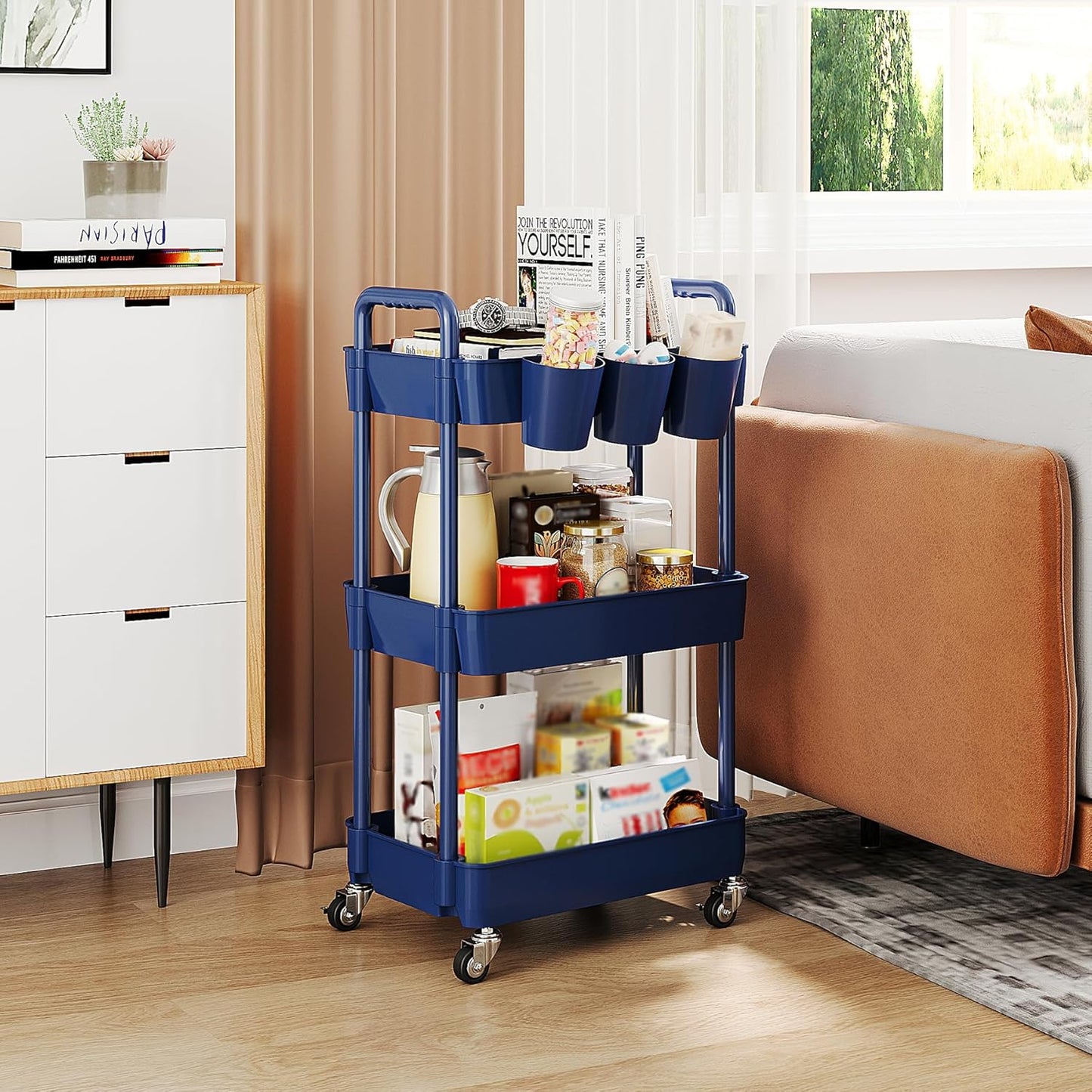 UDEAR 3-Tier Rolling Utility Cart,Multifunctional Storage Shelves with Handle and Lockable Wheels for Room,Office,Kitchen,Bathroom,with 3 Hanging Cups,Blue