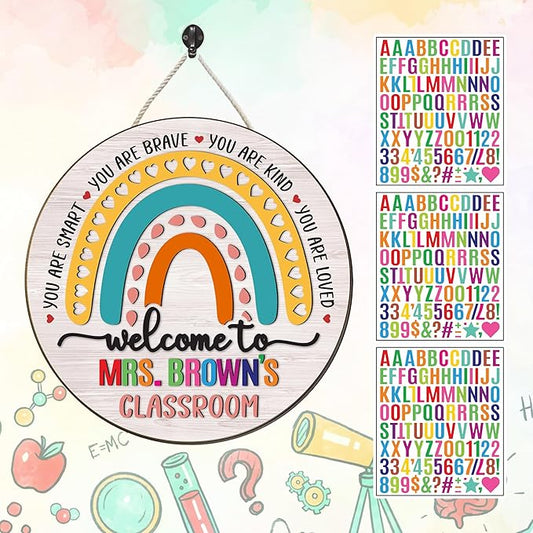 Custom Teacher Welcome Sign for Classroom Door Decoration, Custom Teacher Name Rainbow Door Hanger Signs, Back to School Wreath for First Day of School Classrooms Wall Plaque School Supplies Must Have