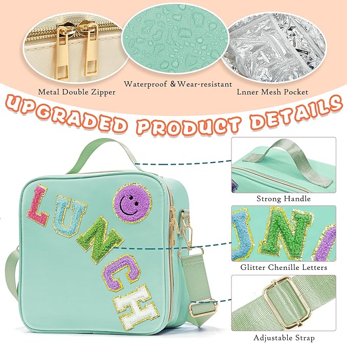 Insulated Lunch Bag Women Lunch Box Kids for Teen Girls Boys, Cute Preppy Lunch Boxes With Adjustable Shoulder Strap, Waterproof Nylon Lunchbox Lunch Bags for School Work Picnic (Green)