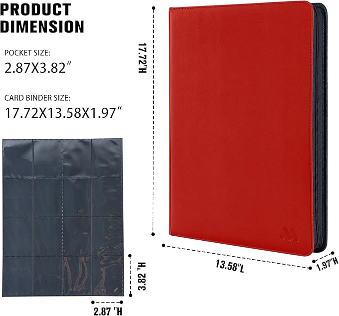 Card Binder 16 Pocket,Trading Card Binder Hold up to 1408 Cards with 44 Sleeves,Zipper Card Holder Album Compatible with TCG Card/Game Cards/Sports Card-Red