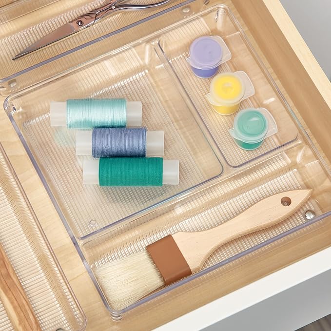 iDesign 3-Section Divided Drawer Organizer for Kitchen, Bathroom, and Desk Drawers - Clear