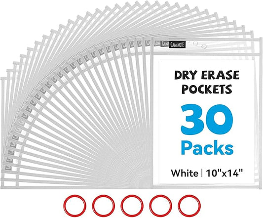 Gamenote 30 Pack White Dry Erase Pockets with 5 Rings, 10x14 Oversized Reusable Plastic Sleeves, Clear Sheet Protectors, Teacher Supplies for Classroom Organization