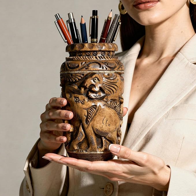 Craft Trade Hand Carved Wood Pen Holder for Desk Organizer for Home School Office Supplies Pencil Cup Pot Storage Box Suitable for Stationery - Lovely Wood