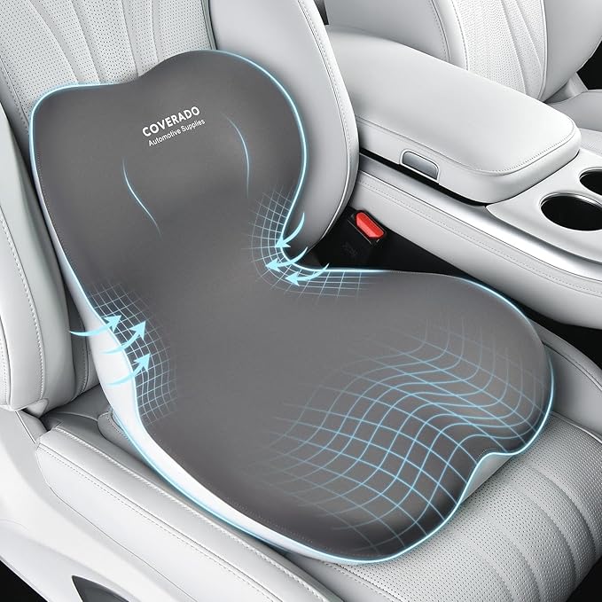 Coverado Upgraded Car Seat Cushion and Lumbar Support Pillow One Piece, Memory Foam Ergonomic Back Support Driving Seat Cushion for Back Pain, Non-Slip Washable Cushion for Car, Driver, Office