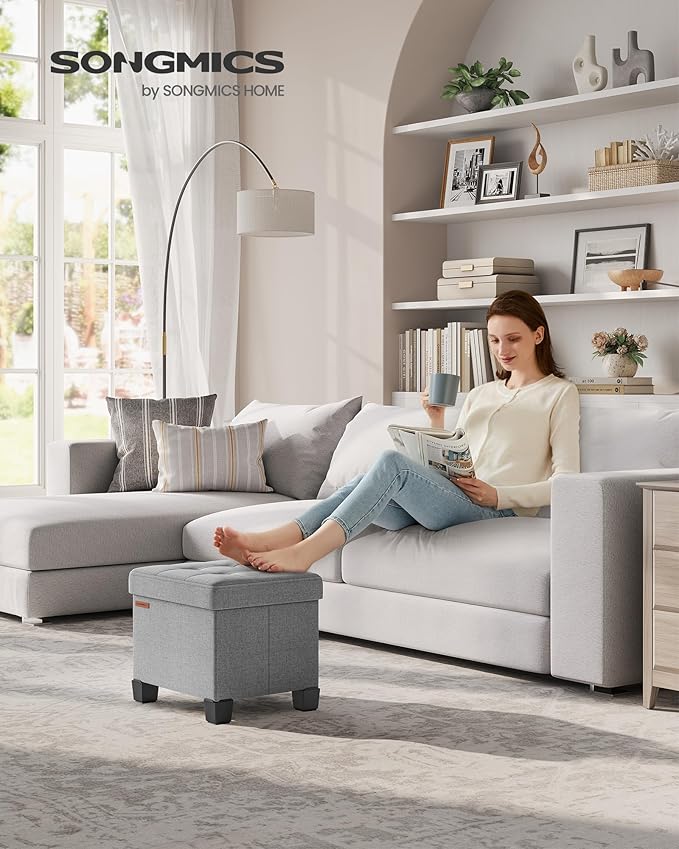 SONGMICS Storage Ottoman, Small Ottoman Foot Rest with Legs, 12.6 x 15.7 x 13.2 Inches Foot Stool, Load up to 660 lb, for Living Room, Bedroom, Dorm, Dove Gray ULSF012G02