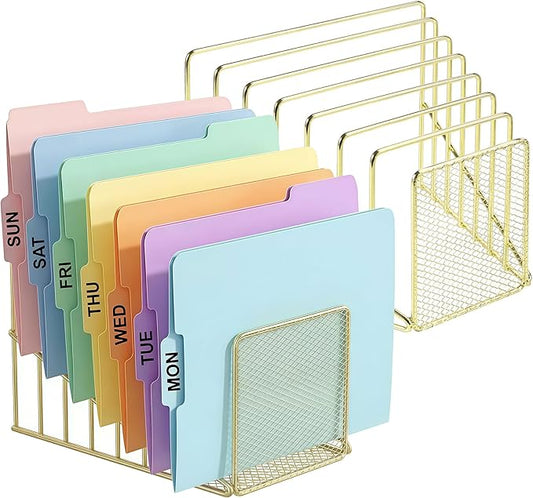Simmer Stone 2 pcs Incline File Sorter, 7 Slot Magazine Holder for Letter, Document, Folder and Book, Metal Desktop Organizer Rack for Home, School and Office (2-gold)