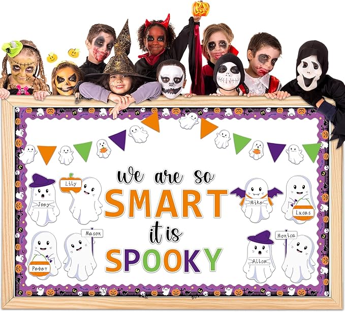 gisgfim Halloween Bulletin Board Decoration Set Halloween Cute Ghost Name Tag Paper Cutouts Ghost Classroom Bulletin Board Decor for Holiday School Home Wall(We are So Smart It is Spooky)
