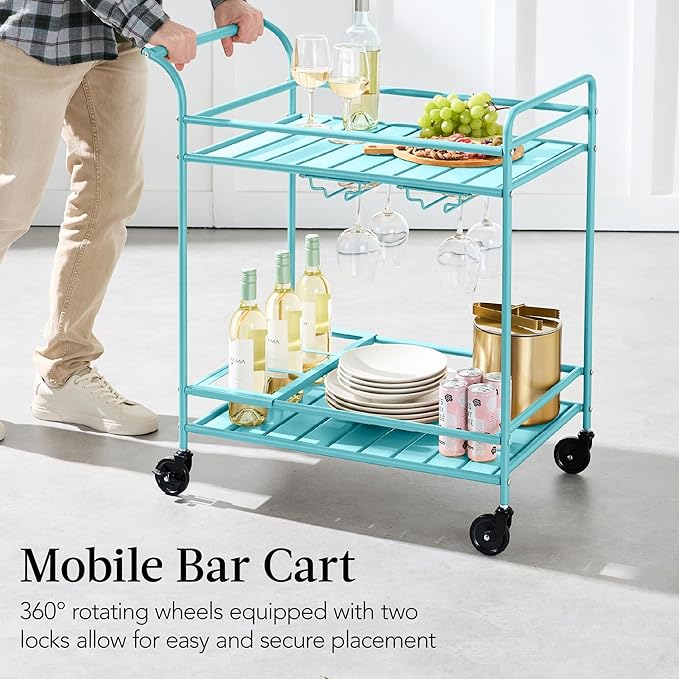 Best Choice Products Rolling Bar Cart, Mobile Home Bar Serving Cart, Serving Station w/ 2 Tier Shelves, Wine Rack, Lockable Wheels - Teal