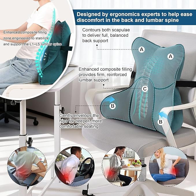 Lumbar Support Pillow(Pat. Pend) – Multi-Functional Ergonomic Back Cushion for Office Chair, Car Seat & Sofa, Reading Pillow with Firm Multi-Zone Support to Relieve Lower Back Pain,Slate Blue