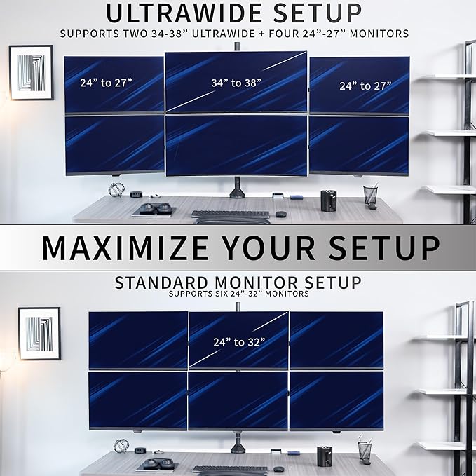 VIVO Premium Hex Ultra Wide LCD LED 27 to 38 inch Monitor Desk Mount, Heavy Duty C-clamp, Extra Tall Pole, Adjustable Telescoping Arms, Flush Wall Setup, Fits 6 Screens, Black, STAND-TS06C