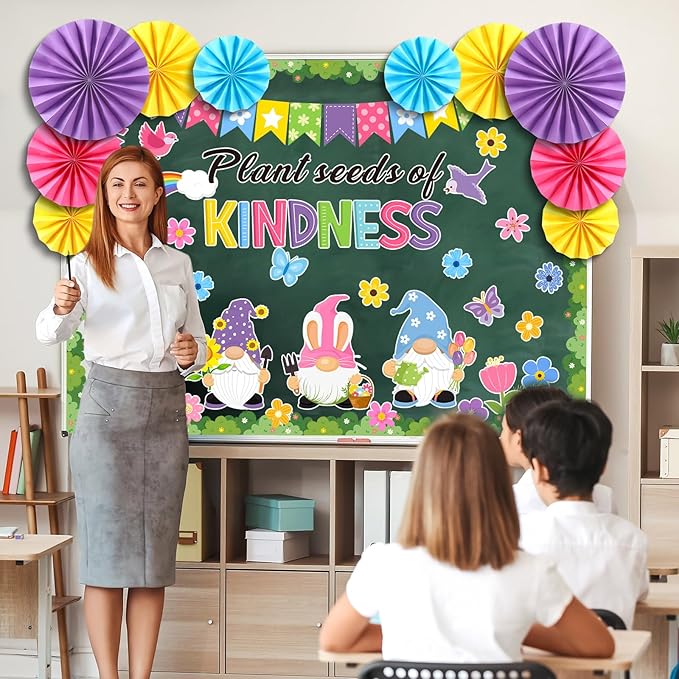 Eersida Spring Bulletin Board Decorations with Paper Fans St Patricks Day 3D Classroom Bulletin Board Christian Easter Flower Bunny Cutouts School VBS Library Church Window Wall Decor(Gnome)