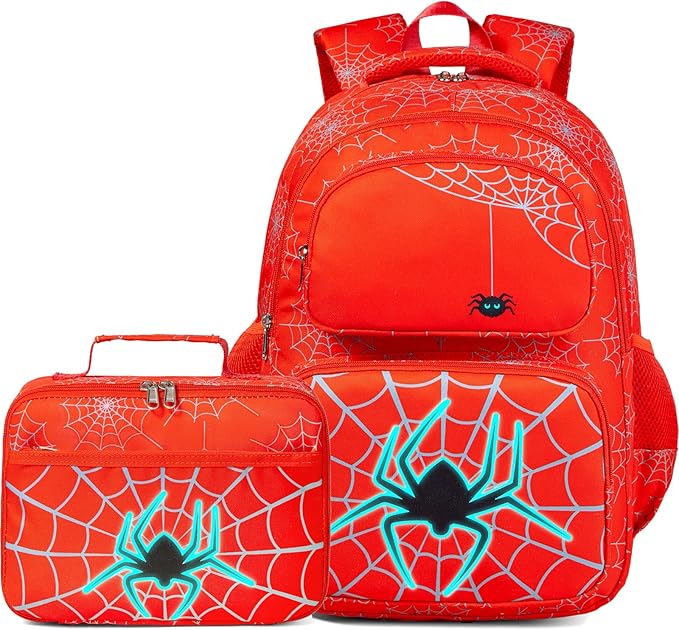 Boys Backpack with Lunch Box Glow in Dark Bookbag Kids Ages 4-12 Kindergarten Elementary Middle School Spider Backpack, Luminous Spider Red