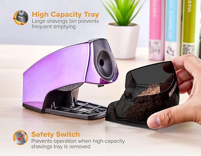 Bostitch Office Electric Pencil Sharpener, Heavy Duty Powerful Stall-Free Motor, High Capacity Shavings Tray, Metallic Purple