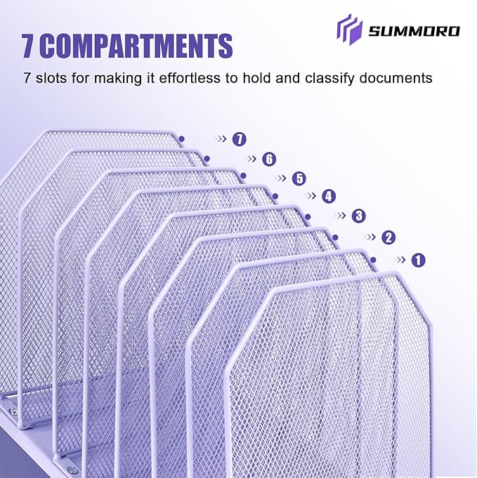 Inclined File Organizer for Desk, 7-Tier Vertical File Folder Holder Office Desk Organizer Metal Rack File Wire Mesh Desktop Document Sorter for Office School Classroom Home (Purple)