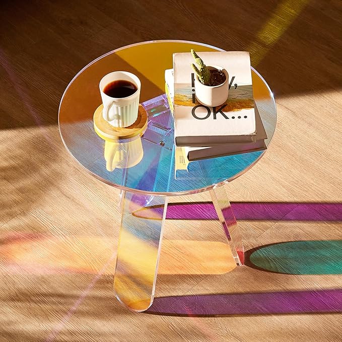 VEVOR Round Iridescent Side Table, Acrylic End Table, Clear Rainbow Acrylic Coffee Table for Drink, Food, Snack Used in Living Room, Bedroom, and Study