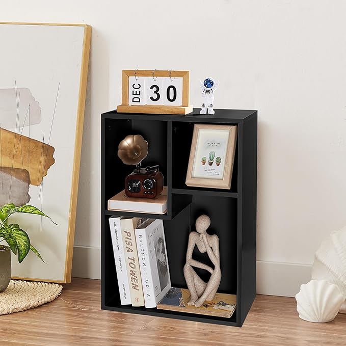 VECELO Small Bookshelf, 3 Cube Shelf, Fits Tallest Hardcovers, Horizontal Available, Short Bookcase for Small Spaces,Black