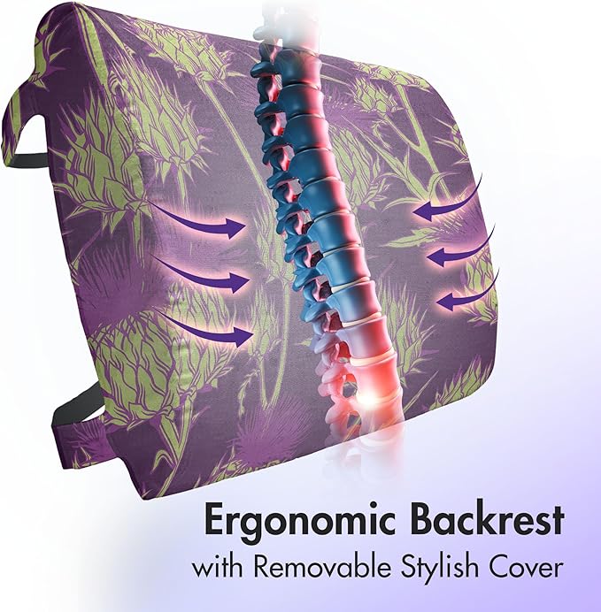 Ambesonne Thistle Lumbar Back Support Pillow, Graphic Background with Vibrant Colored Scottish Thistles Pattern, High Density Foam for Office Chairs Car Seats, 14" x 13", Yellow Green and Purple