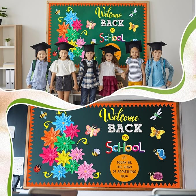 Spring Bulletin Board Decorations Set March Flowers Bulletin Board with 3D Paper Floral Cutouts Classroom Decorations Back to School Wall Decor Party Favor(Welcome Back to School)