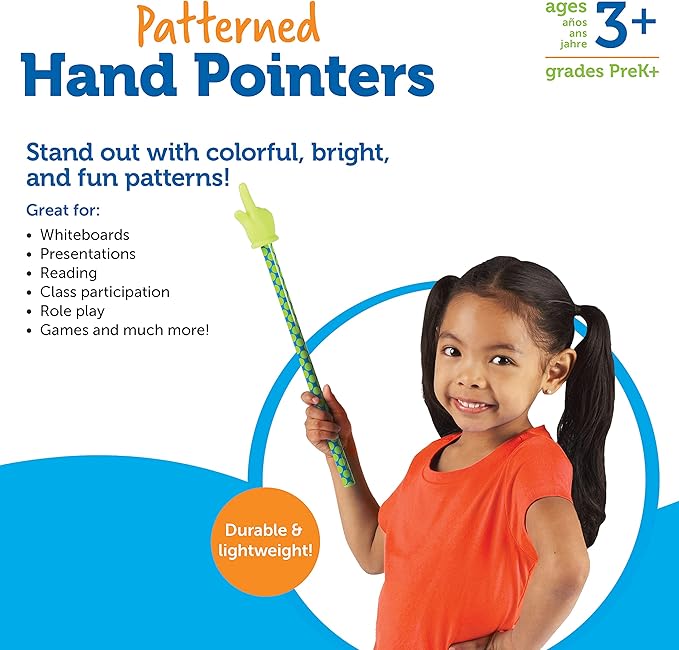 Learning Resources Patterned Hand Pointers - 3 Pieces, Ages 3+ Classroom Pointer for Kids, Reading Pointers for Kids, Homeschool and Classroom Supplies