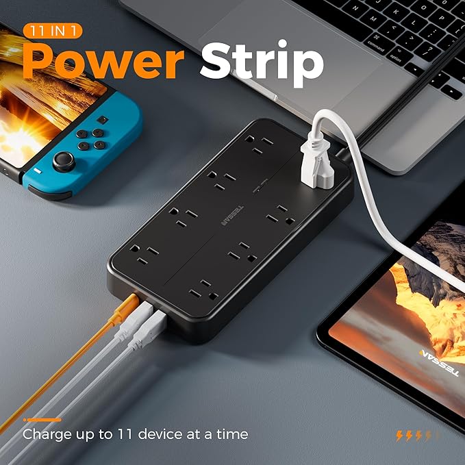 Surge Protector Power Strip, TESSAN Flat Plug Extension Cord with 8 Outlets 3 USB Ports(1 USB C), 1080 Joules Protection, 6 Ft, Wall Mountable Charging Station for Home Office Dorm Room Essentials
