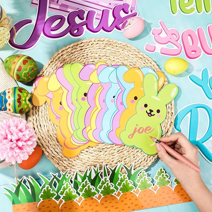 Pajean Easter Bulletin Boards Easter Classroom Decor Christian Religious Bulletin Board He is Risen Cross Bunny Egg Cutouts for Spring School Home Church Wall Door (Rabbit)