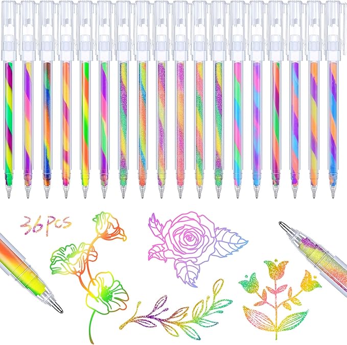 Janlaugh 36 Pcs Rainbow Gel Pens Color Changing Glitter Neon Gel Rainbow Pens for Adult Coloring Books Drawing Doodling Journaling Crafts Scrapbooks Sketching Supplies