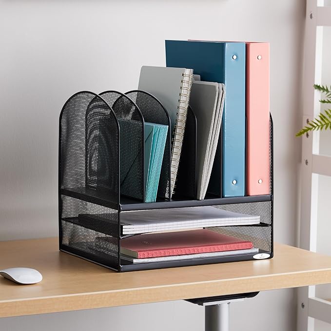 Safco Onyx Desk Organizer, 6 Vertical Compartments and 2 Trays, Office and Classroom Mailbox , Paper and Mail Sorter, Steel Mesh, Black