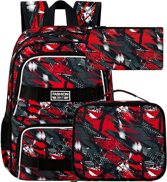 3PCS Backpacks for Boys, 17" Water Resistant Kids Bookbag with Lunch Box, Cute School Bag Set for College Teenagers High Middle Elementary - Graffiti Red