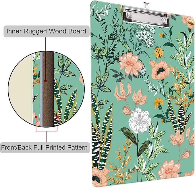 Fashion Clipboard, A4 Letter Size Wooden Decorative Clipboards for Teacher, Nurse, Doctor,Student and Kids, Cute Design for Standard Size 12.2" x 8.9" (C-Beautiful Flower)