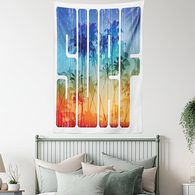 Ambesonne Surf Tapestry Queen Size, Summer Theme Retro Letters That Reflect the Seacoast Palm Tree Extreme Sports Art, Wall Hanging Bedspread Bed Cover Wall Decor, 88" X 88", Navy Orange