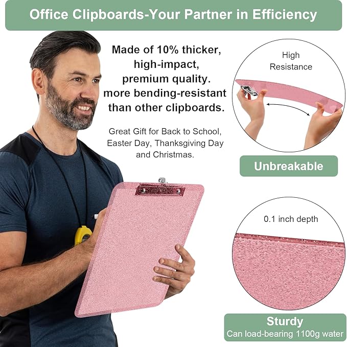 1 Pcs Clear Glitter Clipboards, Plastic Clipboard with Pen Holder, Size 8.85 x 12.4 in Shiny Clipboards with Low Profile Clip, Cute Hanging Clipboard for Office School Supplies Sparkly Clip board-Pink