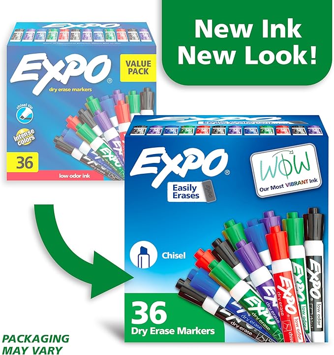 EXPO Dry Erase Markers, Low Odor Ink, Assorted Colors, Chisel Tip, 36 Count