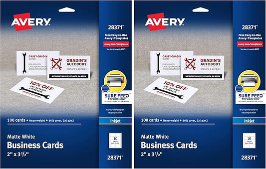 Avery Printable Business Cards with Sure Feed Technology, 2" x 3.5", White, 100 Blank Cards for Inkjet Printers (28371) (Pack of 2)