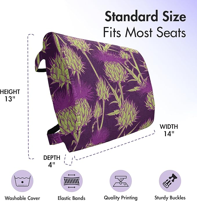 Ambesonne Thistle Lumbar Back Support Pillow, Graphic Background with Vibrant Colored Scottish Thistles Pattern, High Density Foam for Office Chairs Car Seats, 14" x 13", Yellow Green and Purple