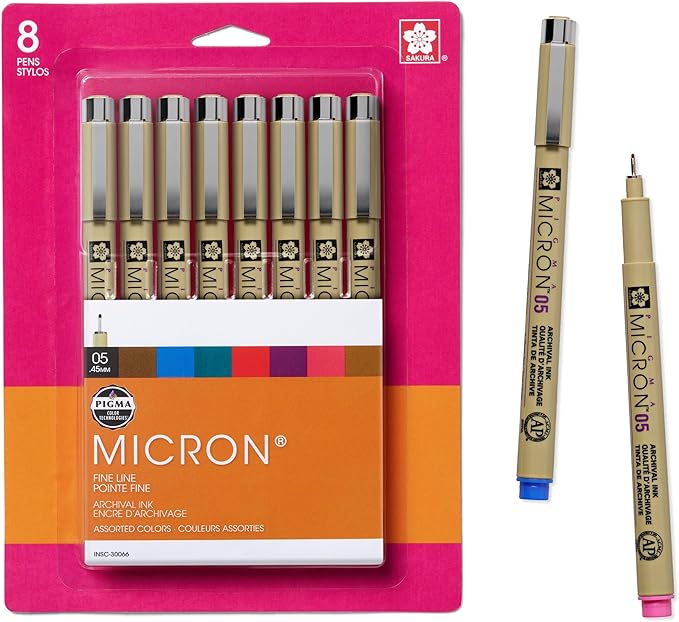 SAKURA Pigma Micron Fineliner, 05 Tip, Ass't Archival Colors, 8 PK 30066