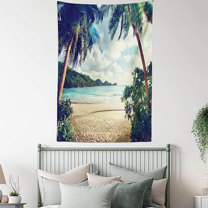 Ambesonne Palm Tree Tapestry, Summer Beach Vintage Style Tropical Sunset Picture Print, Fabric Wall Hanging Decor for Bedroom Living Room Dorm, 23" X 28", Dark Green Sand Brown