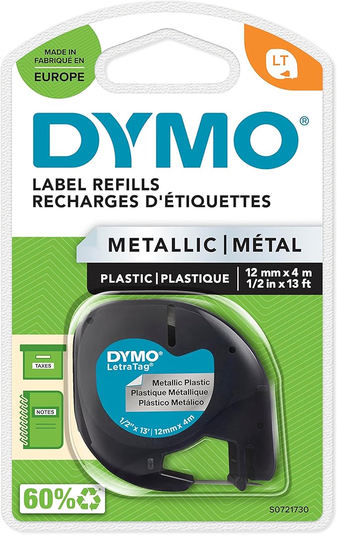 DYMO LetraTag Metallic Labels | Authentic | Black Print on Metallic Silver | 12mm x 4m | Self-Adhesive Multipurpose Labels for LetraTag Label Makers